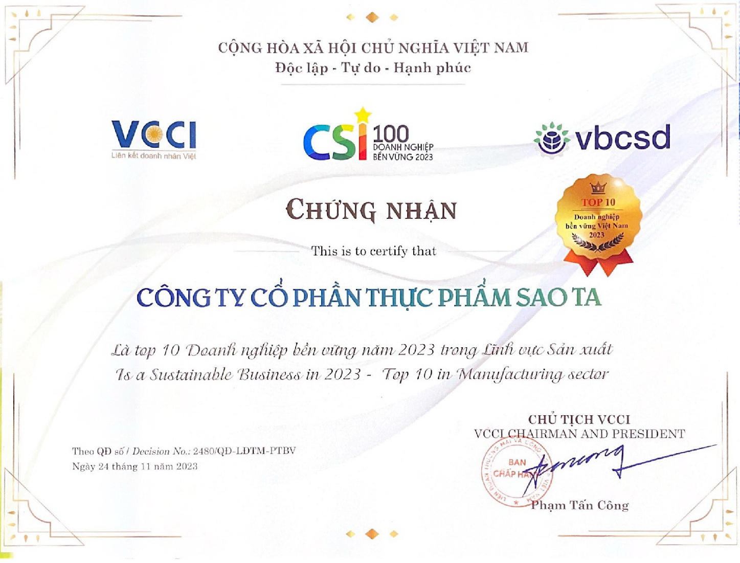 Giay Chung Nhan Top 10 CSI 2023