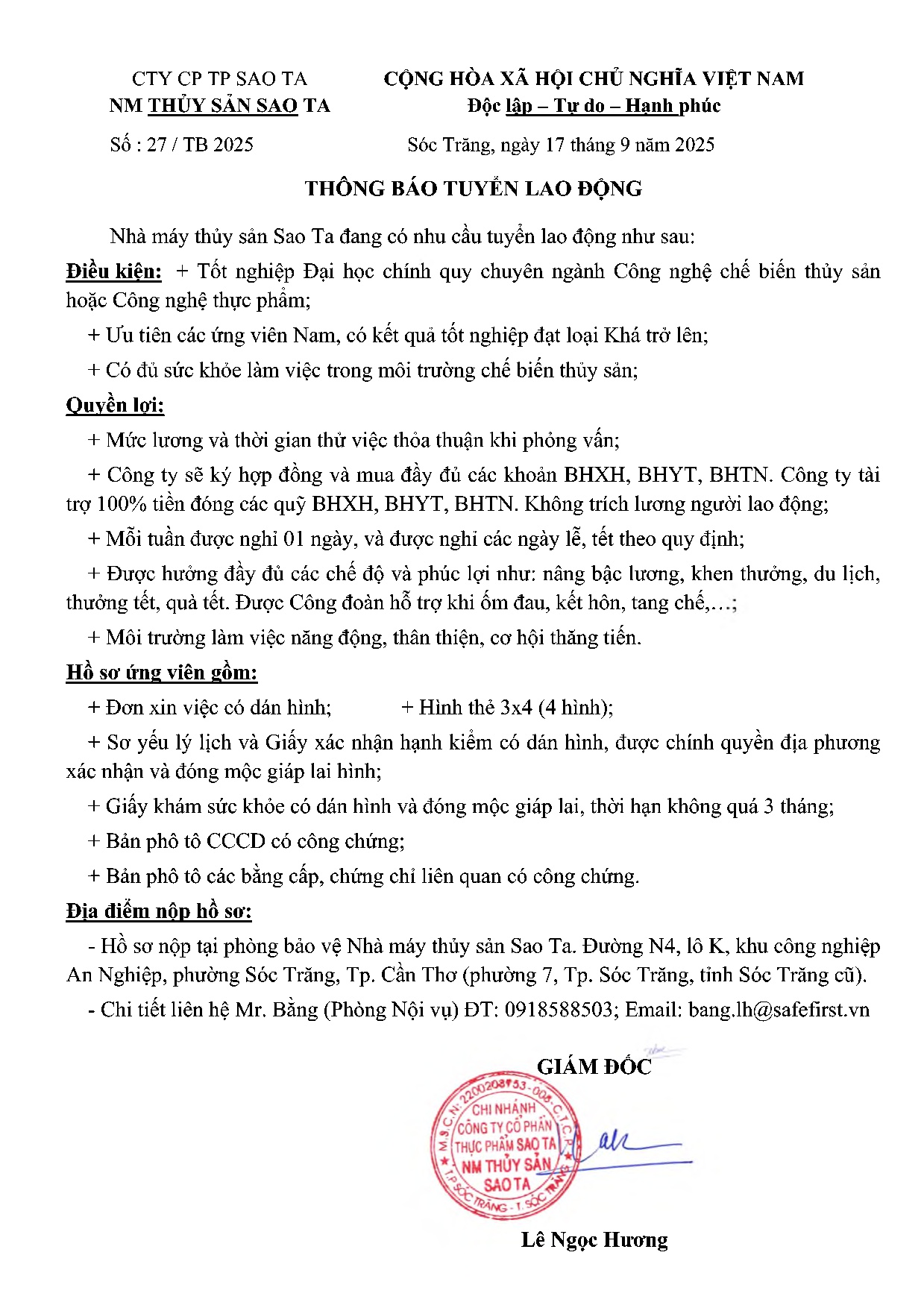2025 09 17 - TB TUYEN LAO DONG STSE