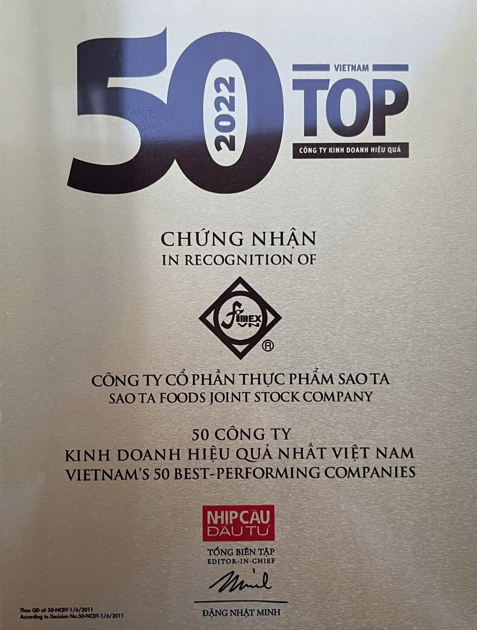 Chung nhan Top 50 cty kd hieu qua 